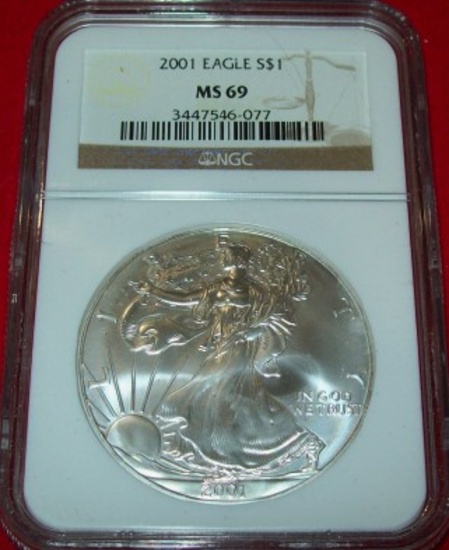 2001 NGC MS69 American Silver Eagle 1 troy oz. .999 Fine Silver Dollar