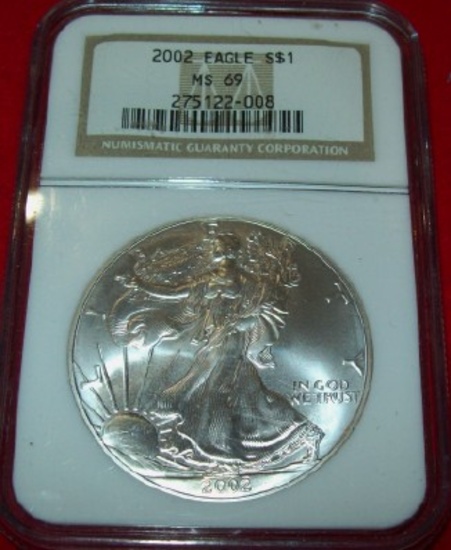2002 NGC MS69 American Silver Eagle 1 troy oz. .999 Fine Silver Dollar