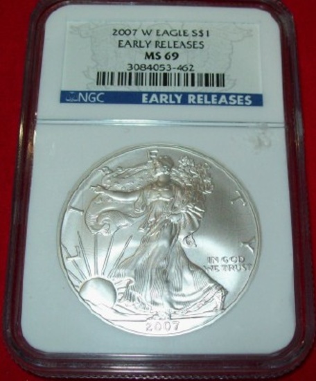 2007-W NGC MS69 American Silver Eagle 1 troy oz. .999 Fine Silver Dollar Early Release West Point