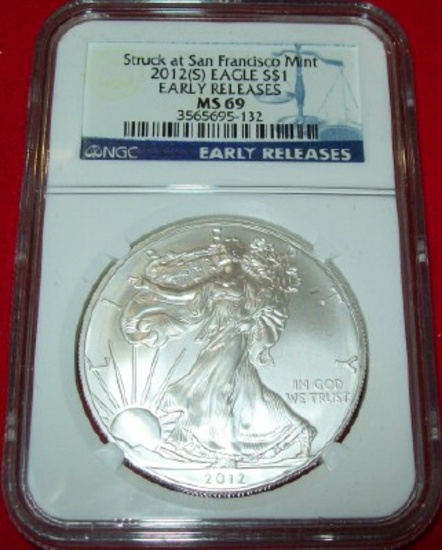 2012 (S) NGC MS69 American Silver Eagle 1 troy oz. .999 Fine Silver Dollar Early Release