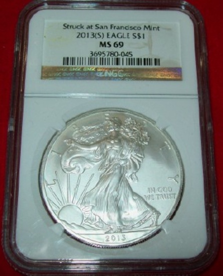 2013 (S) NGC MS69 American Silver Eagle 1 troy oz. .999 Fine Silver Dollar