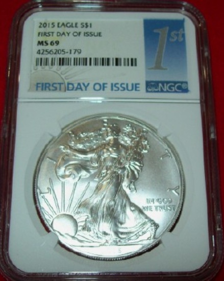 2015 NGC MS69 American Silver Eagle 1 troy oz. .999 Fine Silver Dollar First Day Issue
