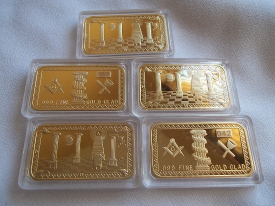 Lot Of 5 24K Gold Plated .999 Fine Gold Clad Masonic Art Bars Each Bar Is Numbered