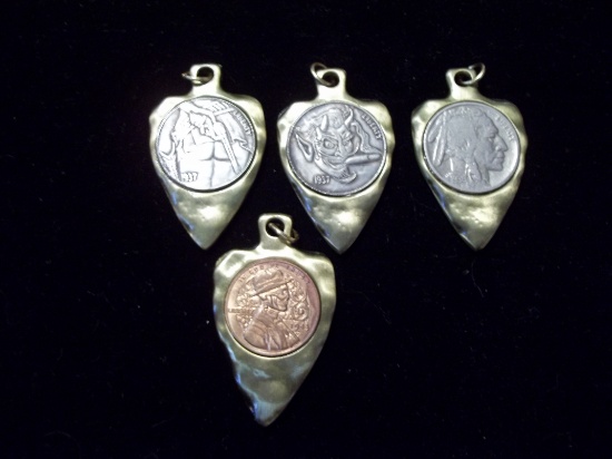 Lot Of Four Hobo Nickel Penny & 1936 Buffalo Nickel Pendant Charms Watch Fobs