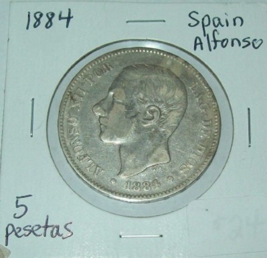 1884 Spain 5 Pesetas Silver Coin Alfonso Crown Size