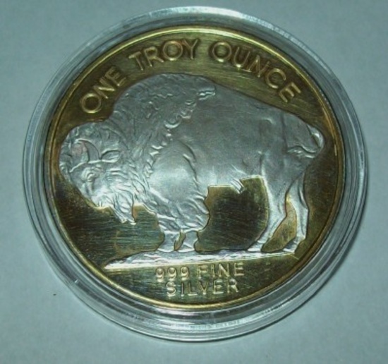 Buffalo 1 Troy Oz. .999 Fine Silver Round Gold Gilded Indian Head