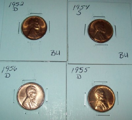 Lot of 4 BU Uncirculated Lincoln Cents 1952-D, 1954-S, 1955-D, 1956-D