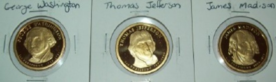 Lot of 3 Proof 2007 Presidential Gold Dollars Washington, Madison, Jefferson