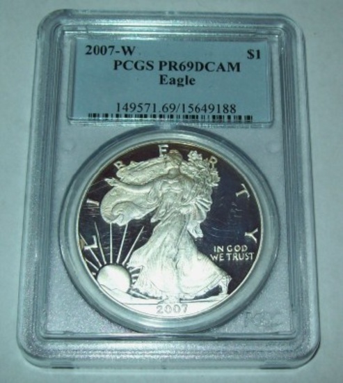 2007-W PCGS PR69 DCAM Proof American Silver Eagle 1 troy oz. .999 Fine Silver Dollar Deep Cameo