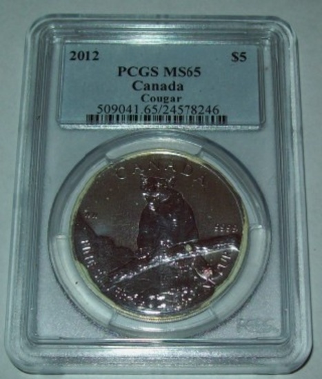 2012 Canada Cougar PCGS MS65 1 Oz. .999 Fine Silver $5 Coin