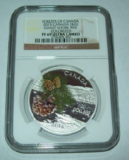 2015 Forests of Canada $20 NGC PF69 Proof Coast Shore Pine 1 Oz. Silver Coin Ultra Cameo