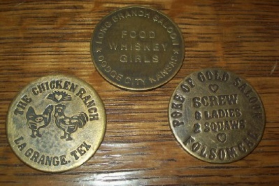 Lot of 3 Brothel Tokens Long Branch, Chicken Ranch, Poke of Gold