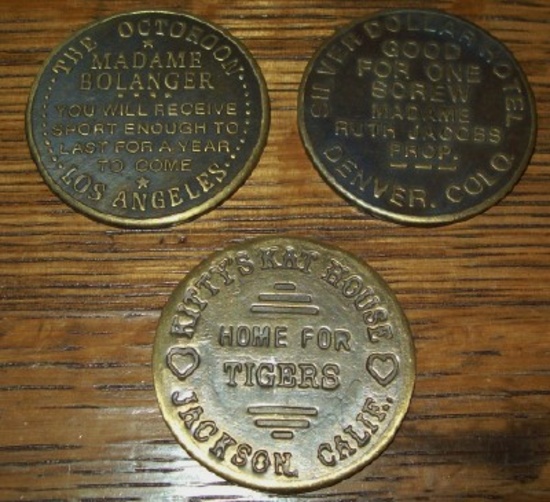 Lot of 3 Brothel Tokens Silver Dollar Hotel, The Octoroom, Kitty's Kat House