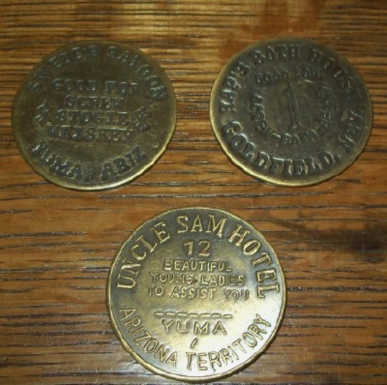 Lot of 3 Brothel Tokens Uncle Sam Hotel, Swedes Saloon, Haps Bath House