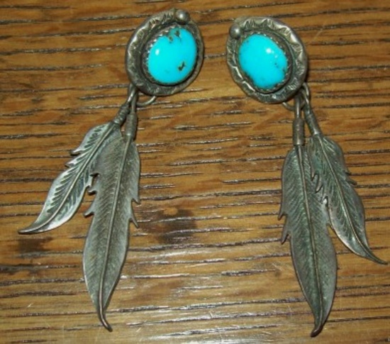 Sterling Silver Turquoise and Feathers Earrings