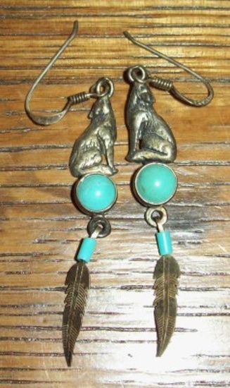 Sterling Silver Turquoise and Coyote Feathers Earrings