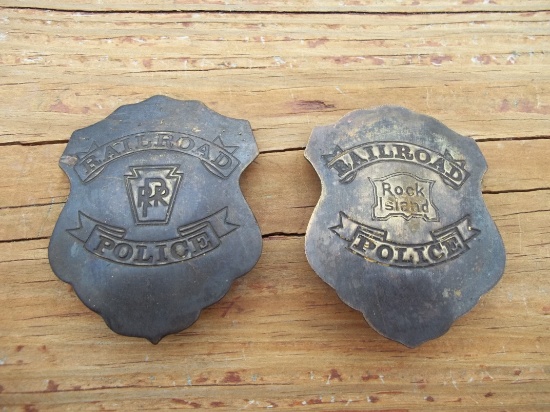 2 Brass Railroad Badges Rock Island Police & PRR Pennsylvania Railroad Police