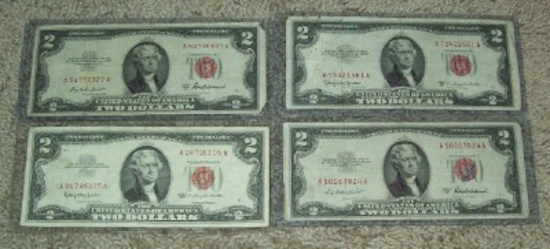 Lot of 4 Red Seal $2 Two Dollar United States Treasury Notes Bills 2-1953-A, 1953-C, 1963