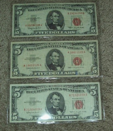 Lot of 3 1963 Red Seal $5 Five Dollar United States  Notes Bill