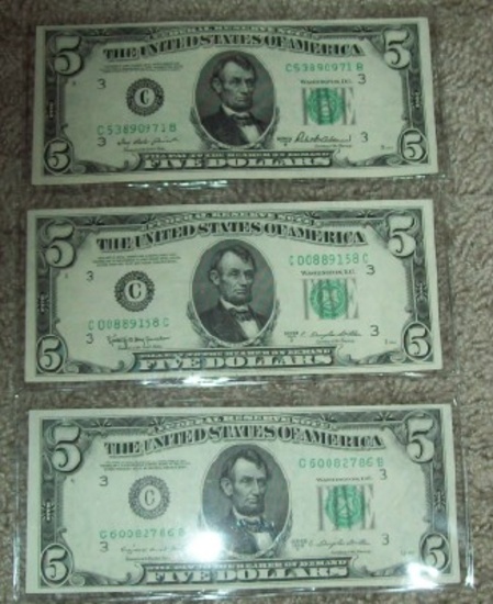 Lot of 3 1950 $5 Five Dollar Federal Reserve Notes Currency