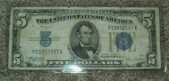 1934-C $5 Five Dollar Silver Certificate Currency Bill