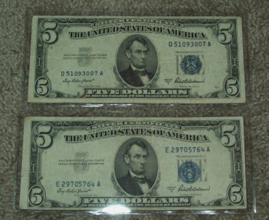 Lot of 2  1953-A $5 Five Dollar Silver Certificates Currency Bills
