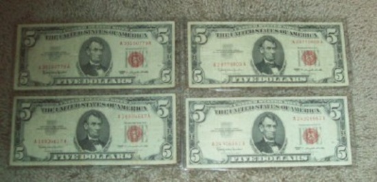 Lot of 4 1963 Red Seal $5 Five Dollar US Notes Currency