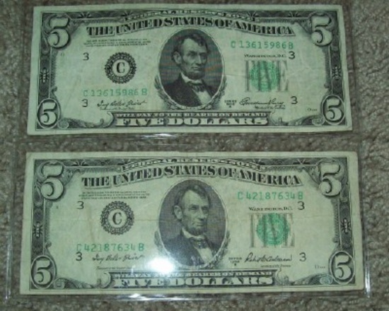 Lot of 2 1950-A & B $5 Federal Reserve Notes