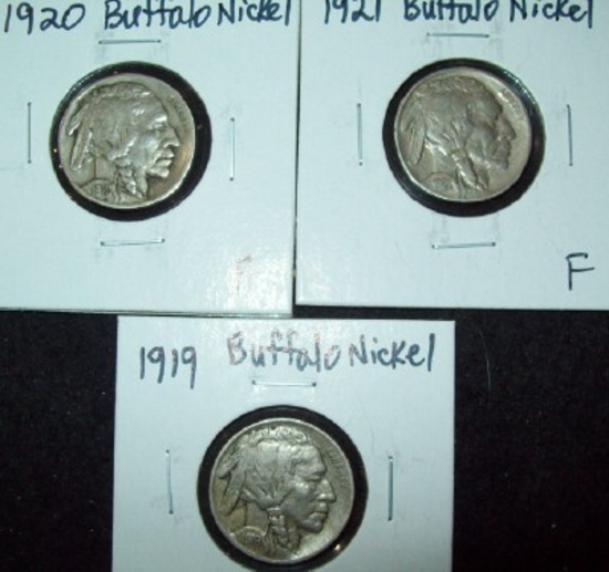 Lot of 3 Buffalo Nickels 1919, 1920, 1921 All 3 in Fine Condition