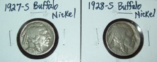 Lot of 2 Buffalo Nickels 1927-S and 1928-S both in Fine Condition