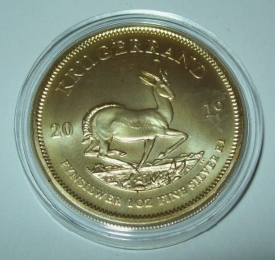2019 South Africa Krugerrand 1 troy oz. .999 Fine Silver Gold Gilded