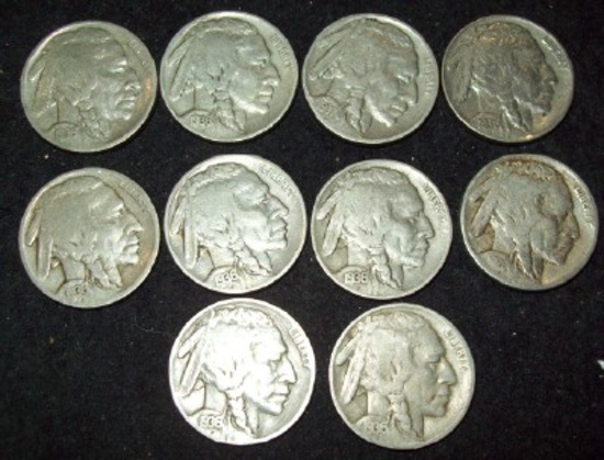 Lot of 10 Buffalo Nickels 1920, 4-1936, 4-1936-D, 1937