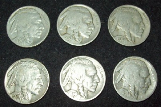 Lot of 6 Buffalo Nickels 1920 VG, 1930, 1930-S Fine, 1934, 1936, 1936-S XF