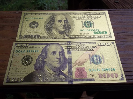 2 24K Gold Foil Notes Bills $100.00 2 Styles Designs