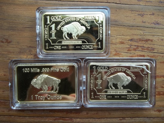 3 Gold Plated 100 Mills .999 Fine Gold Buffalo 1 Troy Ounce Bars