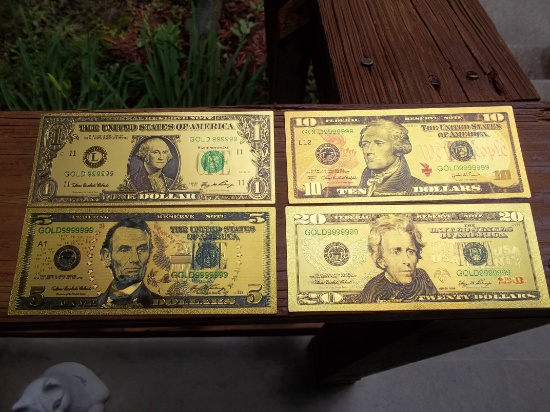 4 24K Gold Foil Notes Bills One Five Ten & Twenty