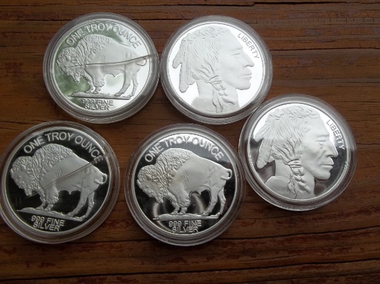 5 Silver Plated 1 Troy Ounce 999 Fine Silver Coins In Hard Protective Cases Indian Buffalo