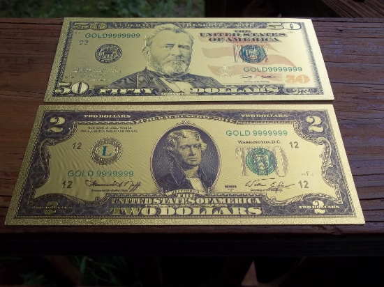 2 24K Gold Foil Notes Bills Two & Fifty Notes Mint