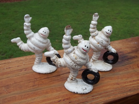 3 Cast Iron Mini Michelin Man Figurines Tire Store Giveaways