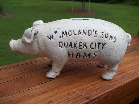 Cast Iron Moland's Sons Quaker City Hams Coin Pig Hog Money Bank