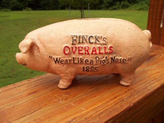 Cast Iron Heavy Finck's Overalls Wear Like A Pigs Nose 1885 Bank Hog Pig Advertising Bank