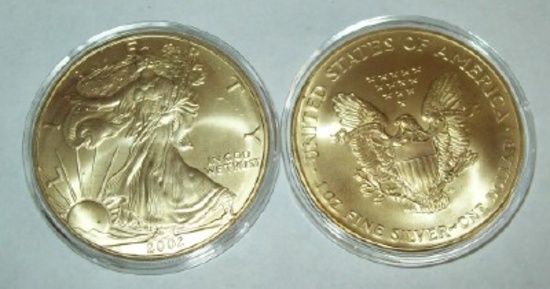 2002 American Silver Eagle 1 troy oz. .999 Fine Silver Dollar Coin Gold Gilded