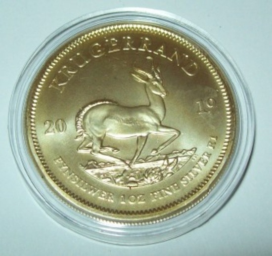 2019 South Africa Krugerrand 1 troy oz. .999 Fine Silver Coin One Rand Gold Gilded