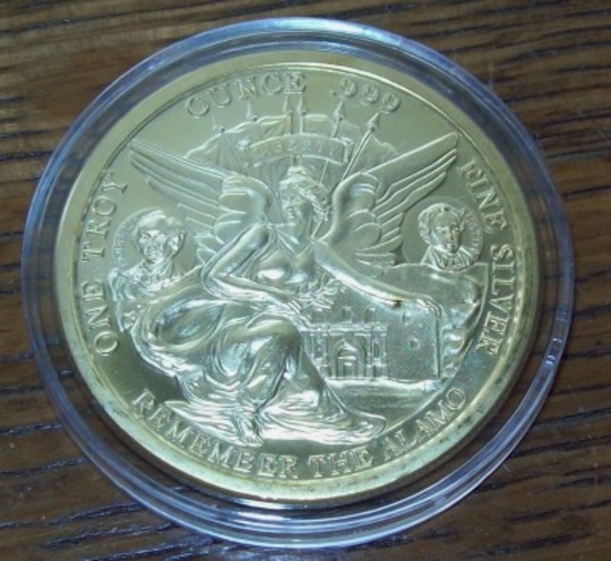 Texas Remember the Alamo 1 troy oz. .999 Fine Silver Round Gold Gilded