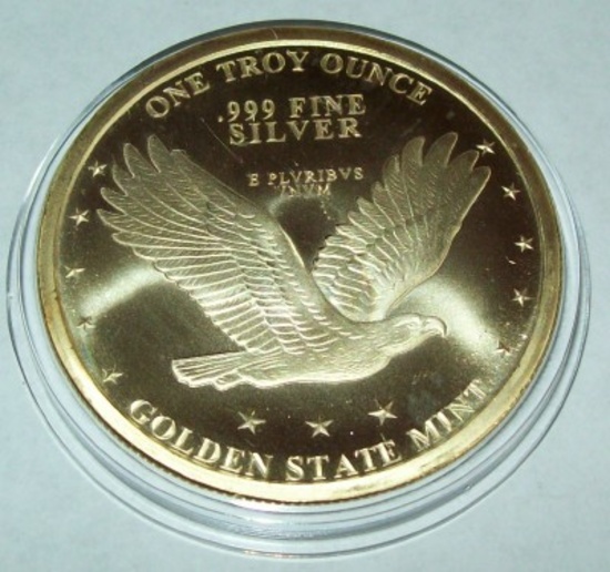 Golden State Mint Standing Liberty 1 troy oz. .999 Fine Silver Coin  Gold Gilded Eagle
