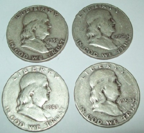 Lot of 4 Franklin Silver Half Dollars 1951-S, 1952-S, 1953-S, 1954-S