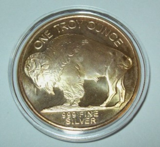 Buffalo Indian Head Gold Gilded 1 Troy Oz. .999 Fine Silver Round