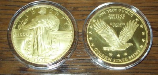 Golden State Mint Standing Liberty 1 troy oz. .999 Fine Silver Round Gold Gilded