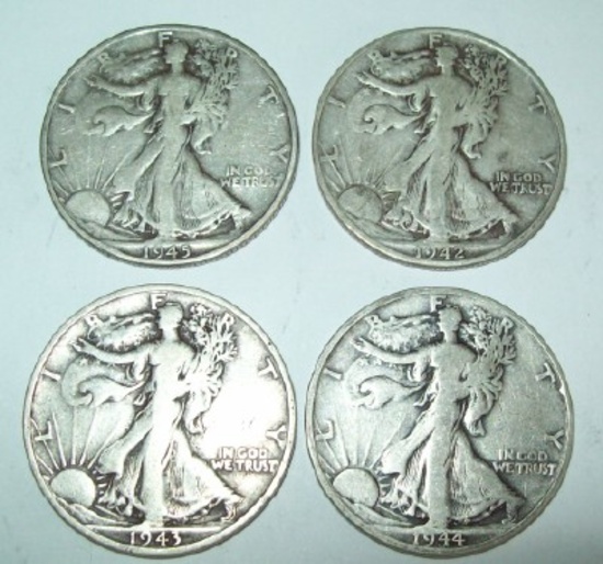 Lot of 4 Walking Liberty Half Dollars 1942-S, 1943-S, 1944-S, 1945-S