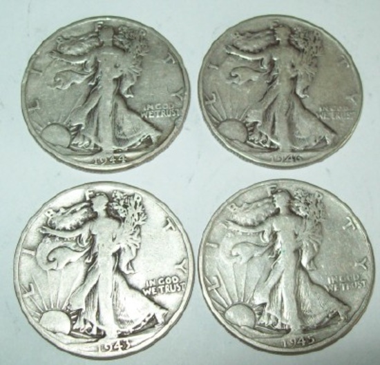 Lot of 4 Walking Liberty Half Dollars 1943-D, 1944-D, 1945-D, 1946